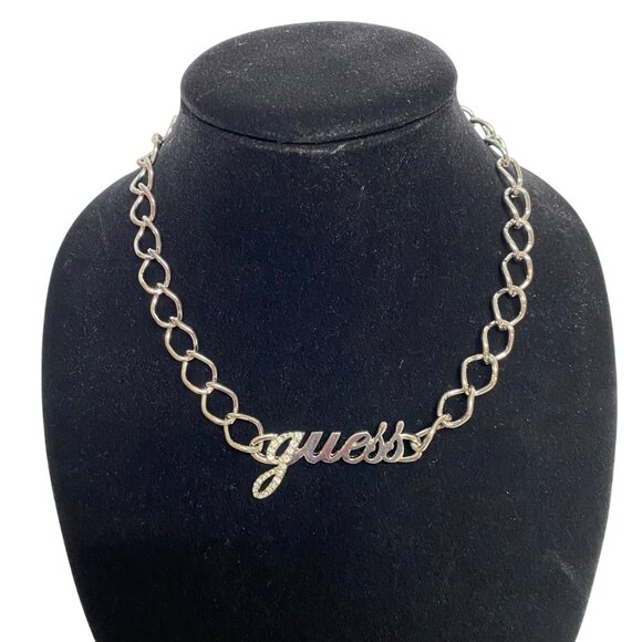 Guess Silver-Tone Chain Necklace & Bracelet Set With Rhinestone Script Logo NIB - Picture 1 of 14